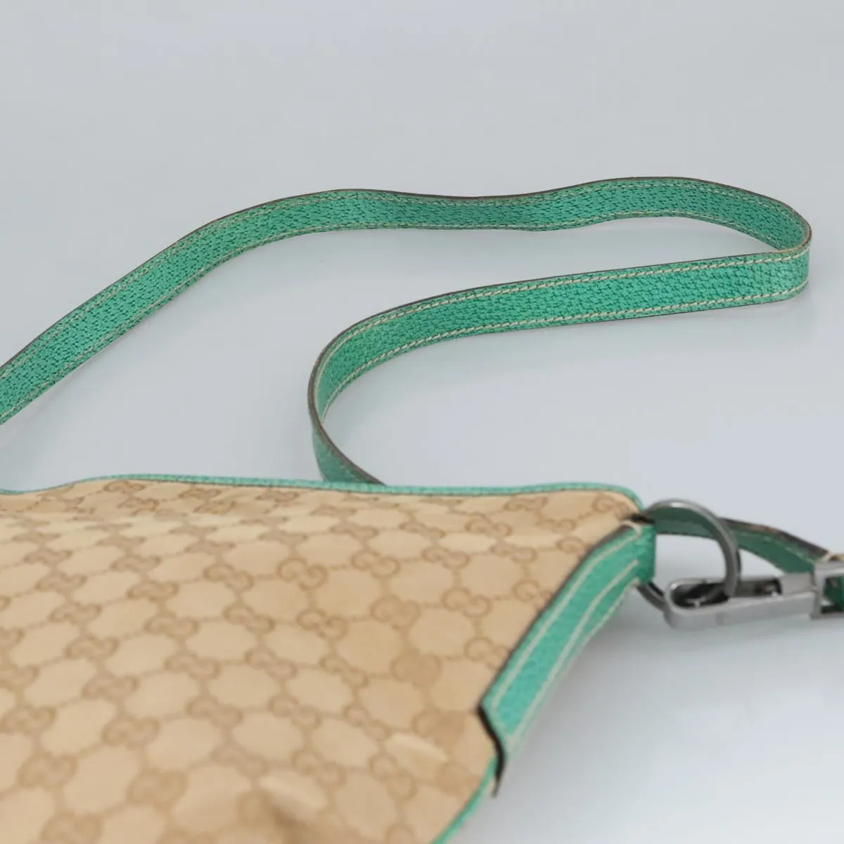 GUCCI GG Canvas Shoulder Bag Beige Silver Green 113013 96980