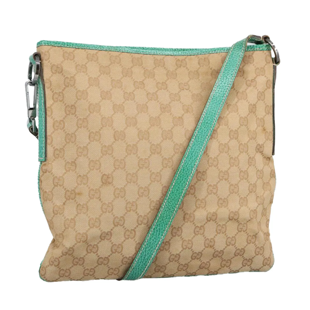 GUCCI GG Canvas Shoulder Bag Beige Silver Green 113013 96980