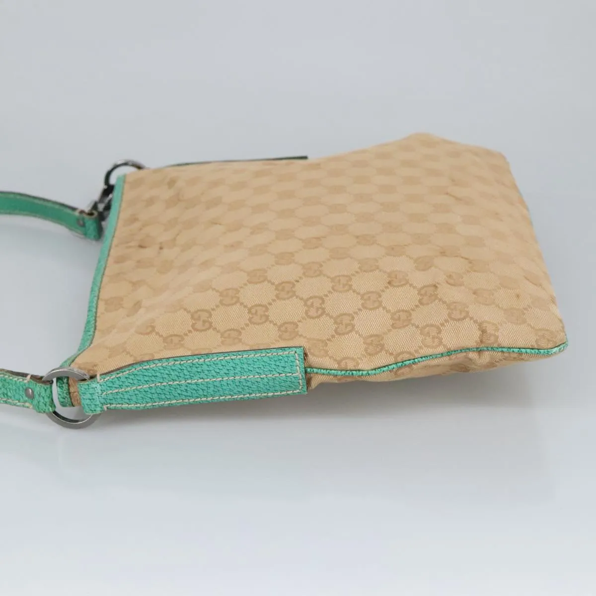 GUCCI GG Canvas Shoulder Bag Beige Silver Green 113013 96980