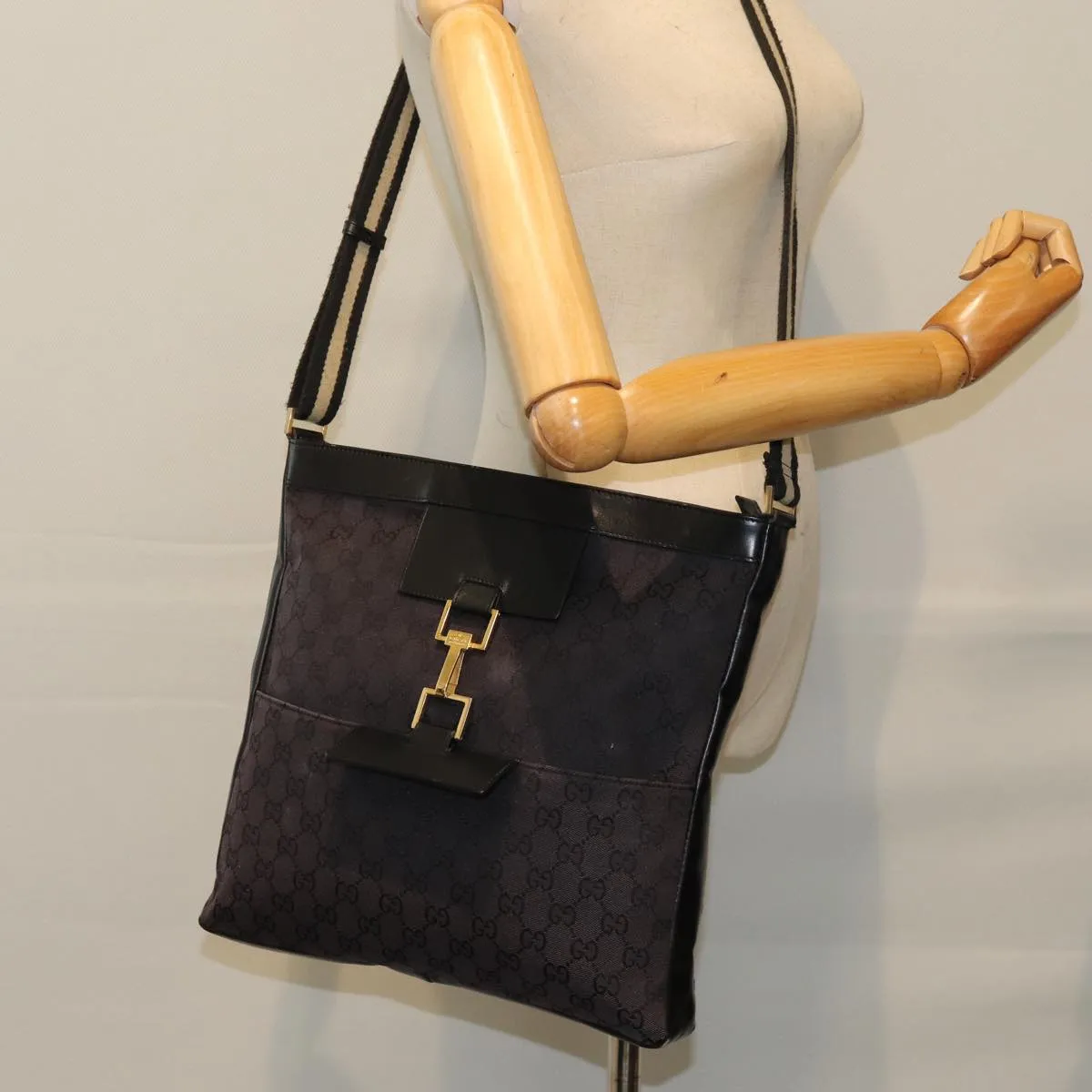 GUCCI GG Canvas Shoulder Bag Black White 001 4094 75600