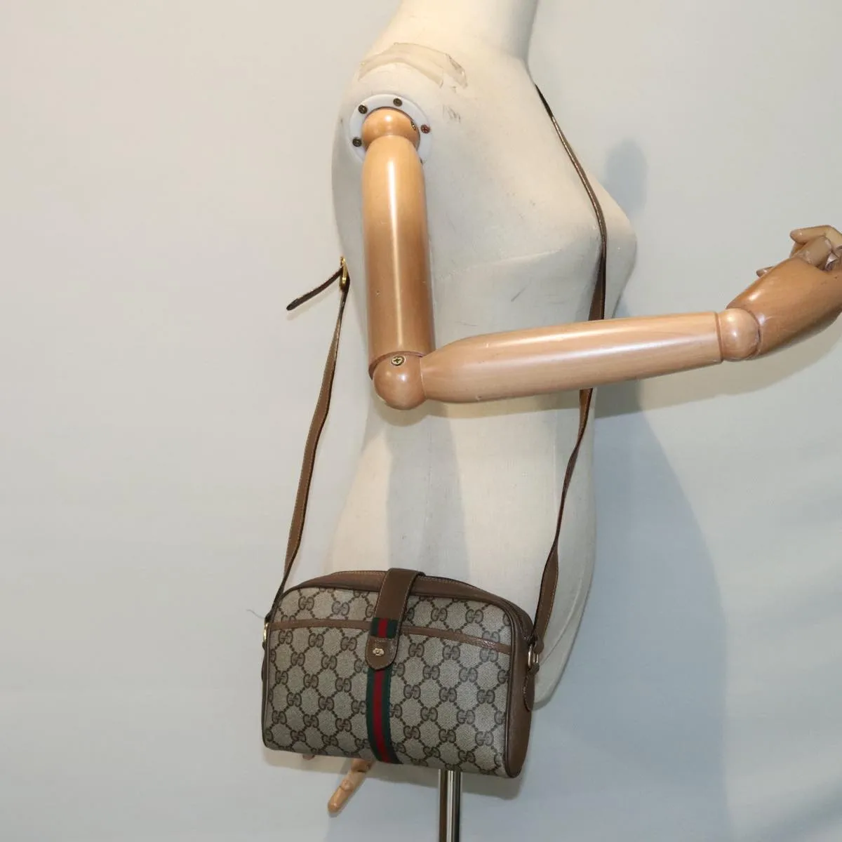 GUCCI GG Supreme Web Sherry Line Shoulder Bag PVC Beige Gold 90595