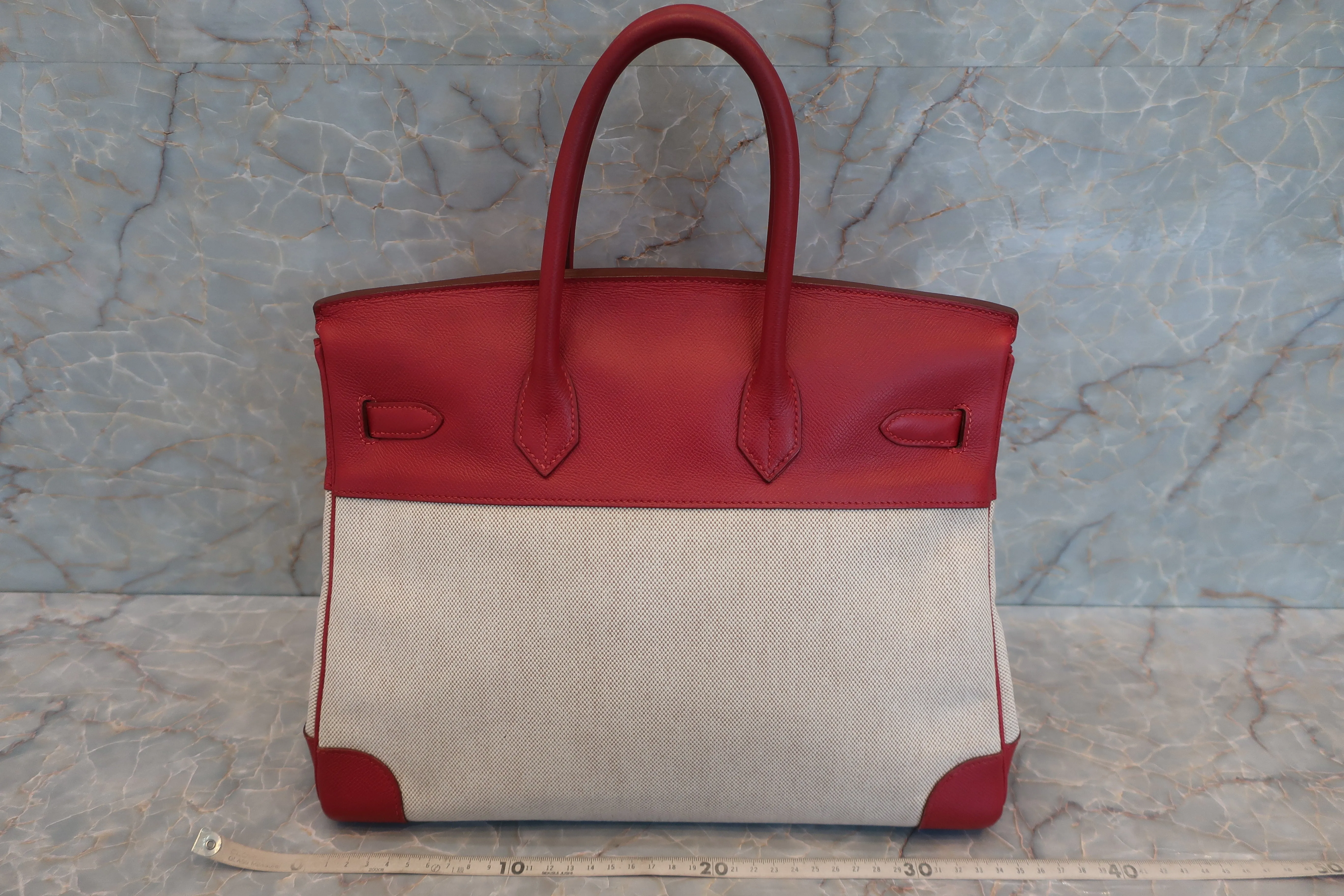 HERMES／エルメス バーキン35 トワルアッシュ/クシュベル ベージュ/ルージュヴィフ 〇Y刻印 ハンドバッグ 500100095