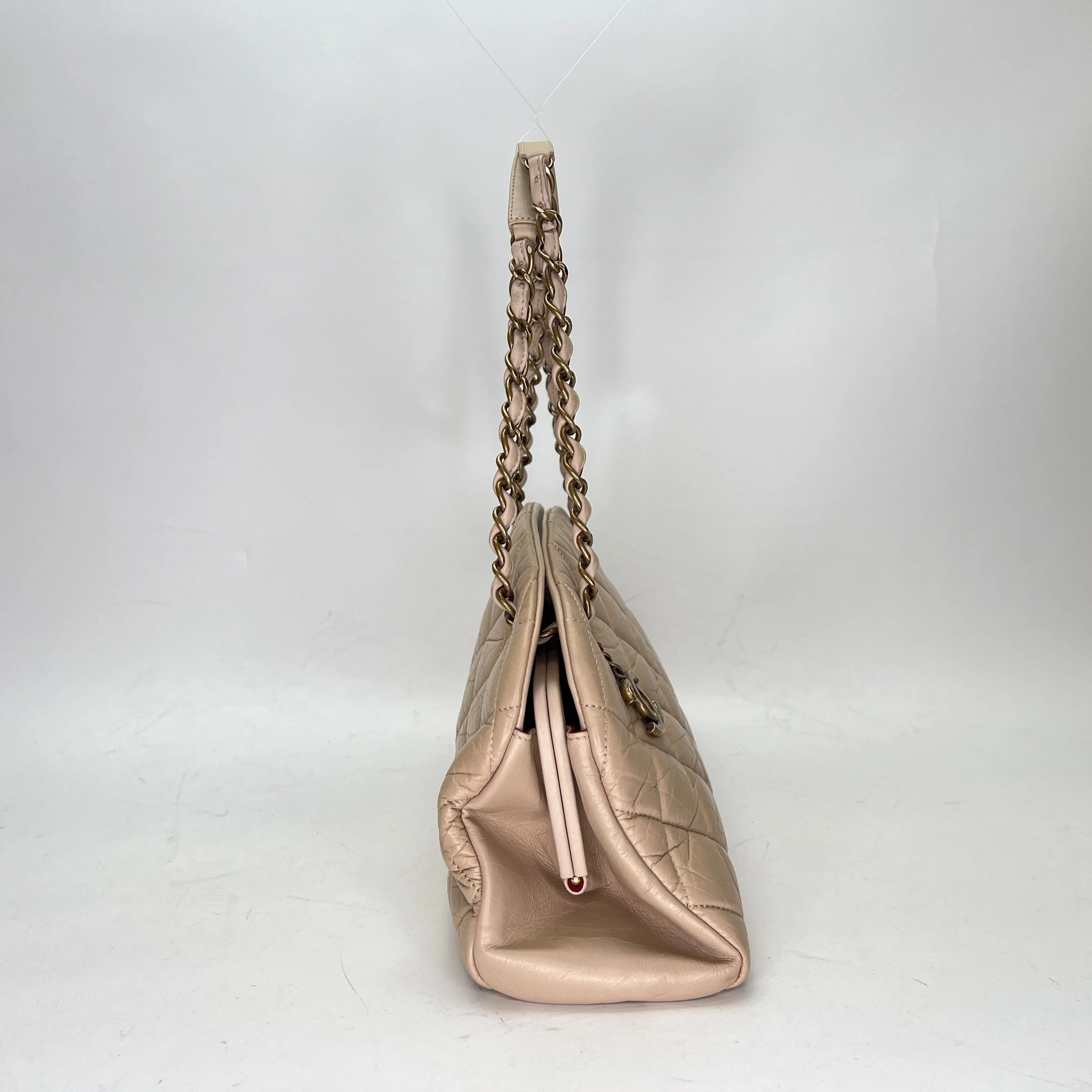 Just Mademoiselle Bowling Beige Shoulder Bag in Distressed Leather, Antique Brass hardware