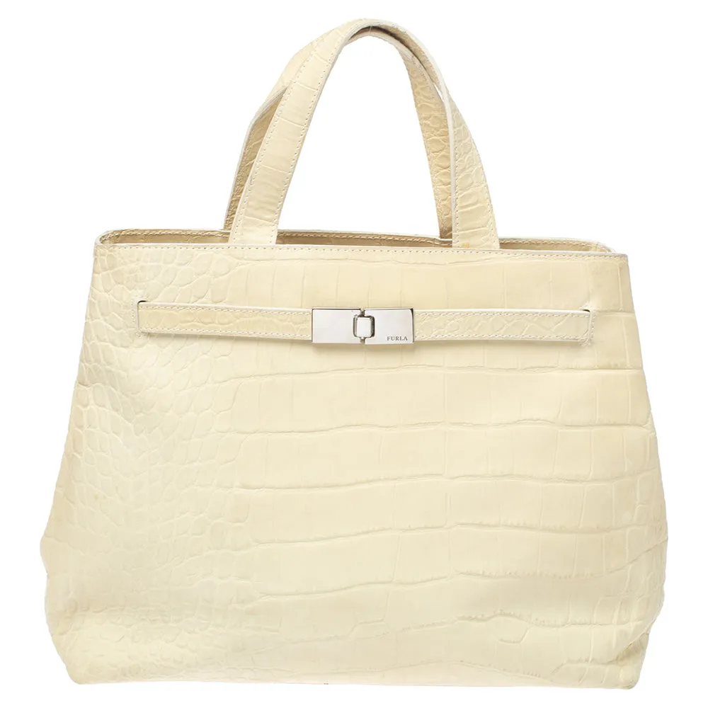 Light Cream Croc Embossed Leather Presslock Tote