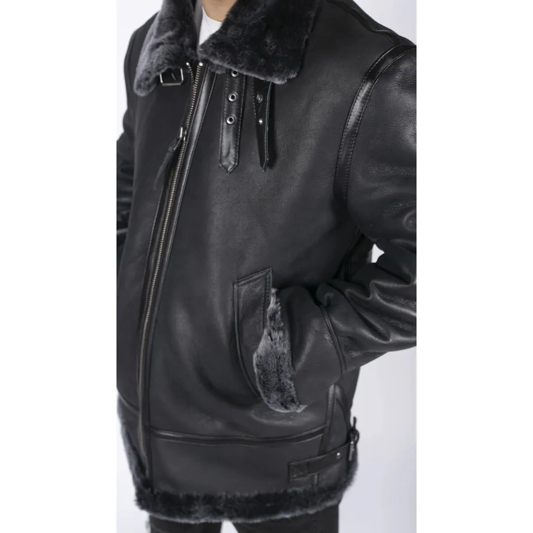 Men's Sheepskin Leather B3 Flying Aviator Jacket Black Grey Fur