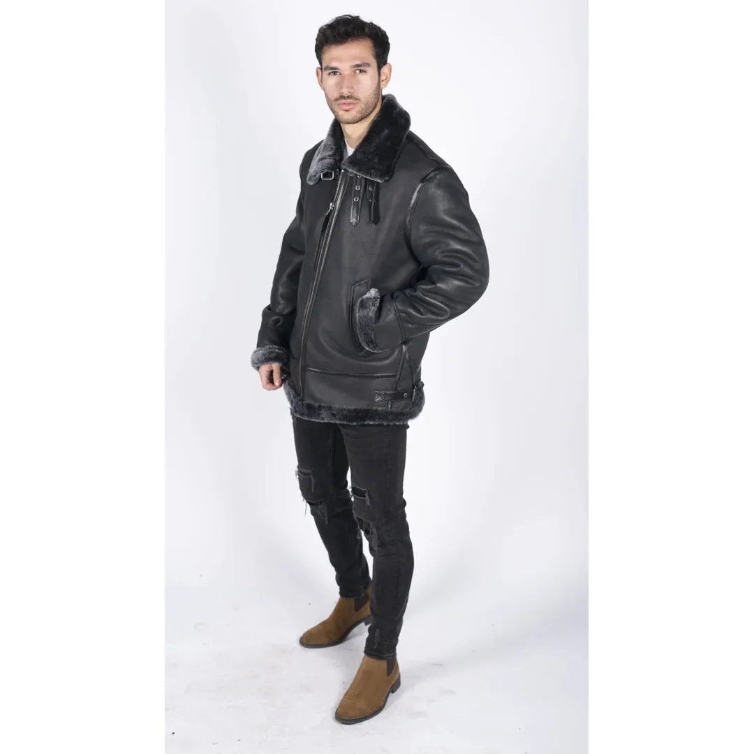 Men's Sheepskin Leather B3 Flying Aviator Jacket Black Grey Fur