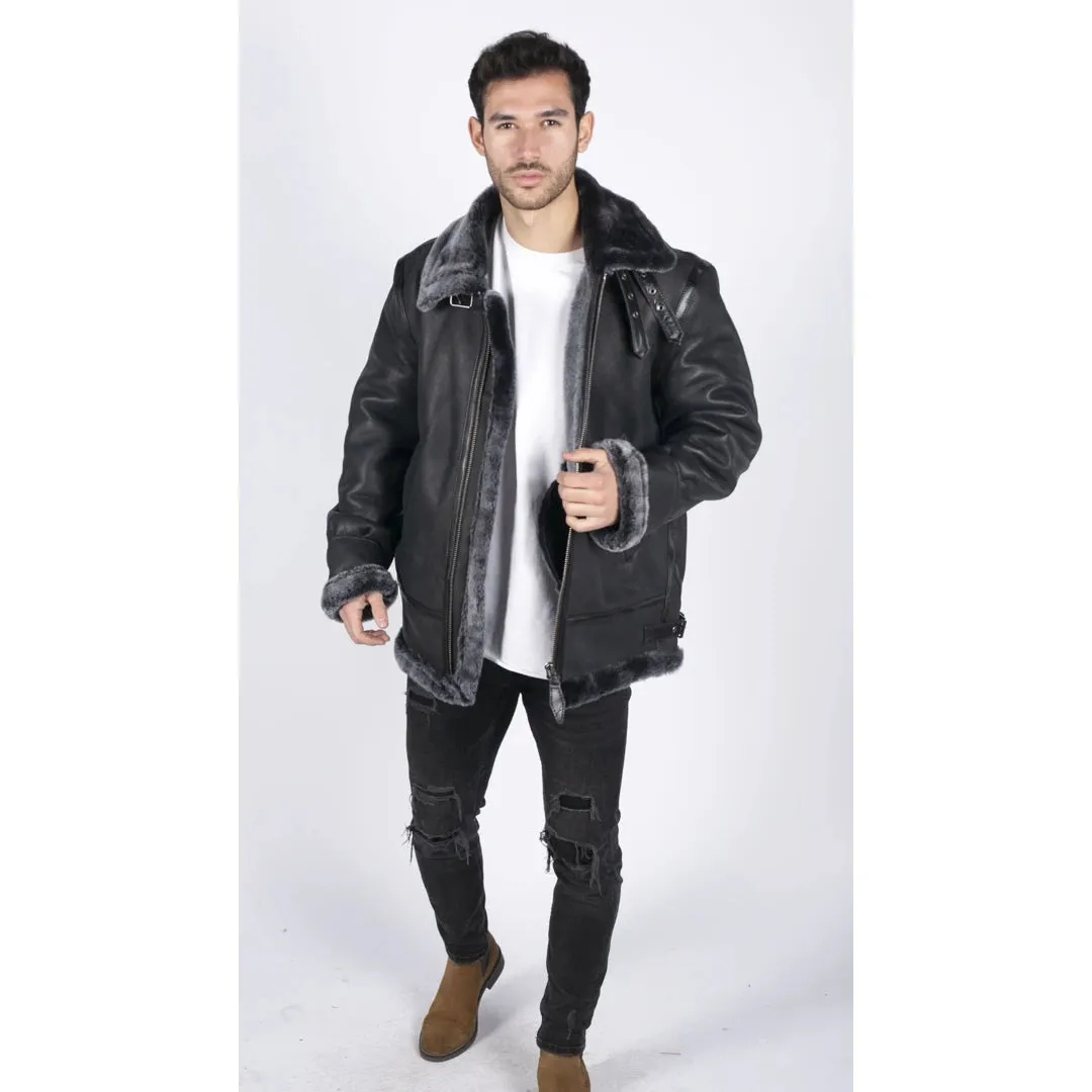 Men's Sheepskin Leather B3 Flying Aviator Jacket Black Grey Fur