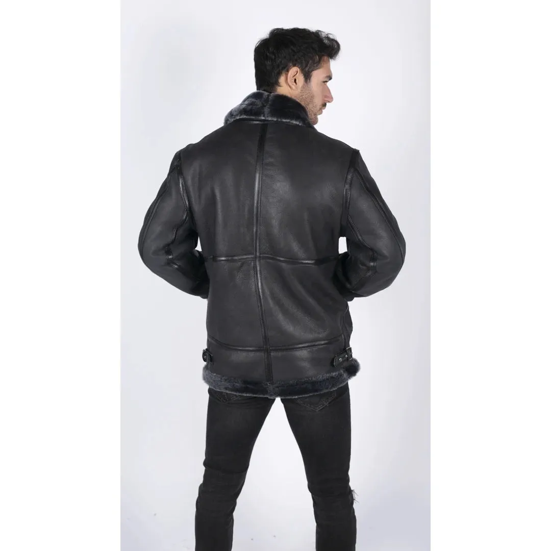 Men's Sheepskin Leather B3 Flying Aviator Jacket Black Grey Fur