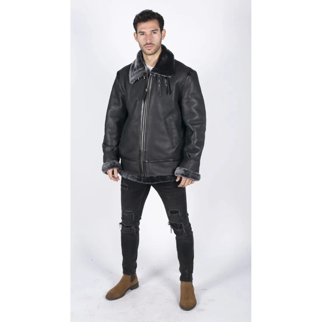 Men's Sheepskin Leather B3 Flying Aviator Jacket Black Grey Fur