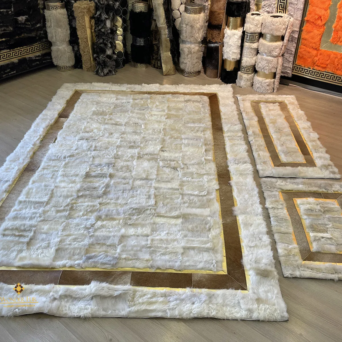 Natural White Sheepskin with Brown Cowhide Sides Area Rug,Handmade Rug