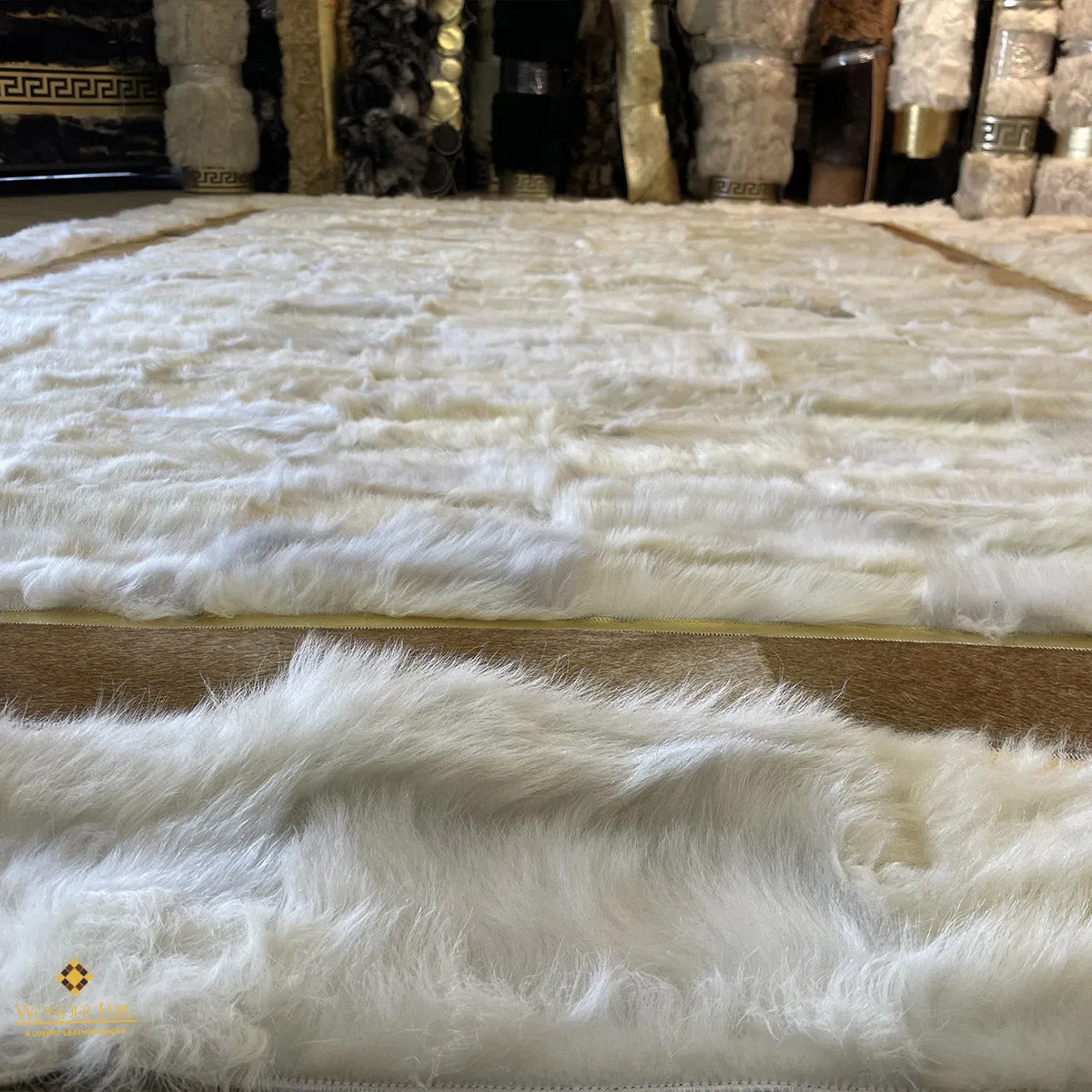 Natural White Sheepskin with Brown Cowhide Sides Area Rug,Handmade Rug