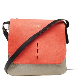 Orange/Grey Leather And Suede Flap Shoulder Bag
