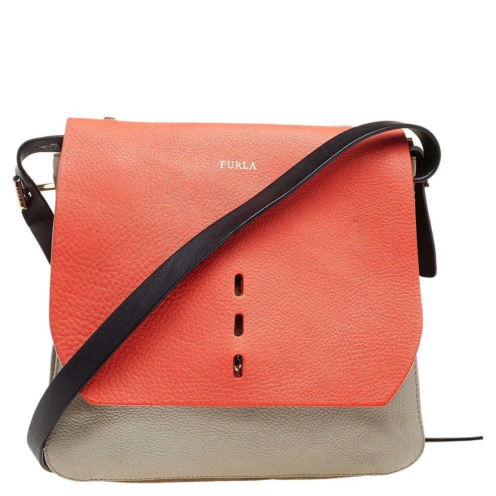 Orange/Grey Leather And Suede Flap Shoulder Bag