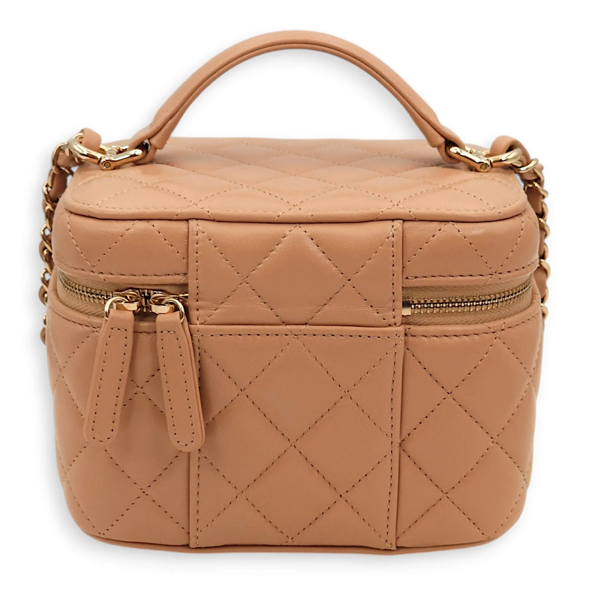 Quilted Vanity Beige Top Handle Bag in Lambskin, Gold hardware