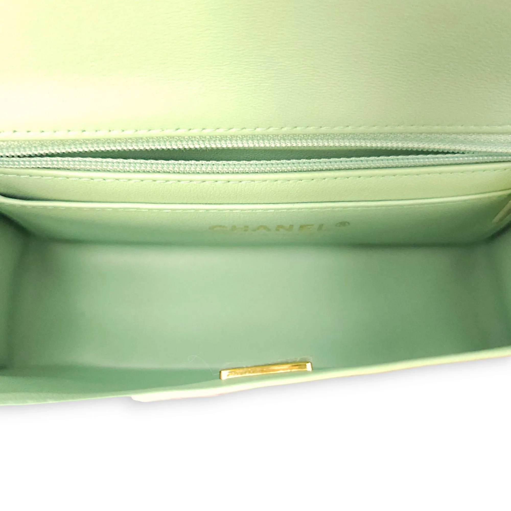 Rectangle Flap Mini Pink/Green Top Handle Bag in Lambskin, Gold hardware