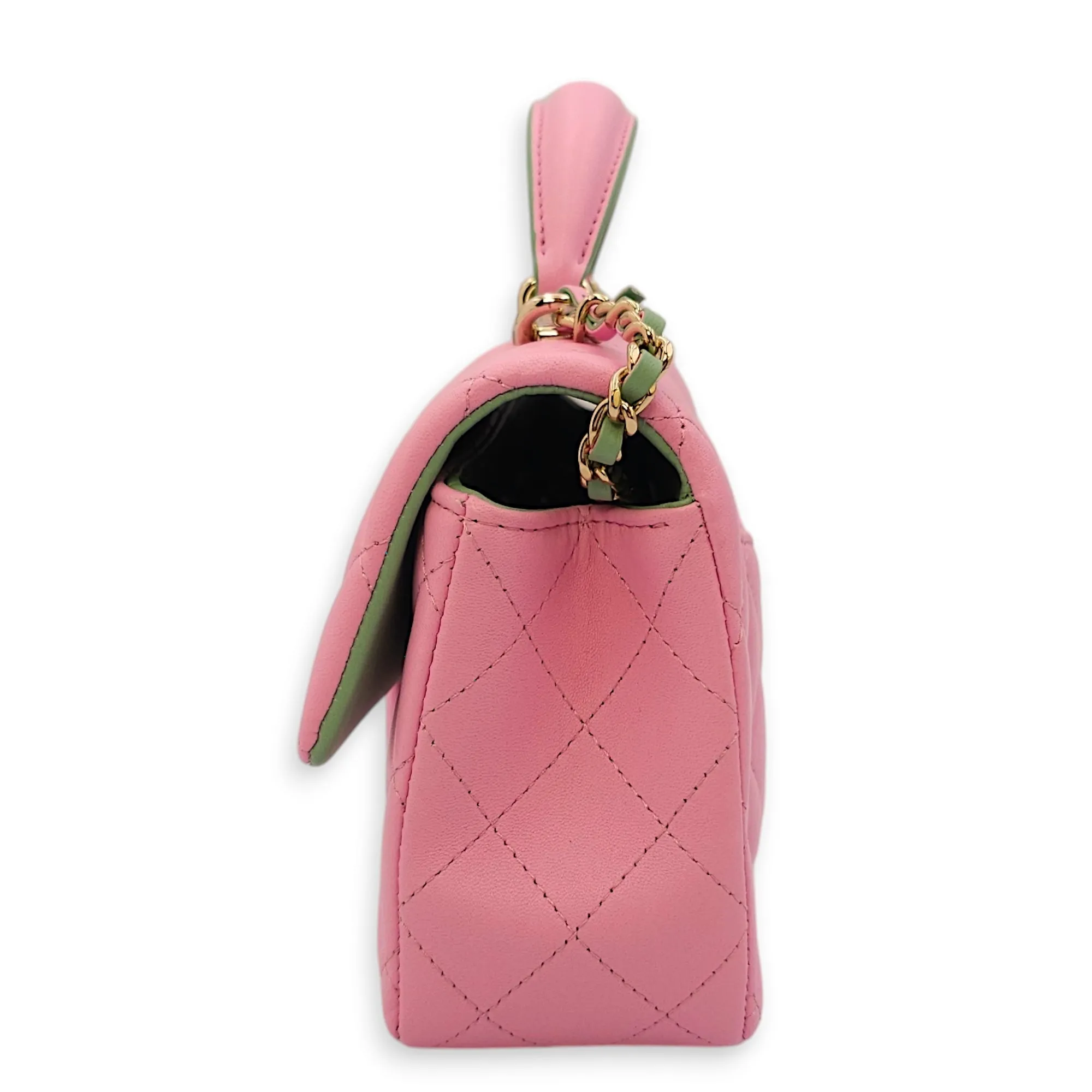 Rectangle Flap Mini Pink/Green Top Handle Bag in Lambskin, Gold hardware