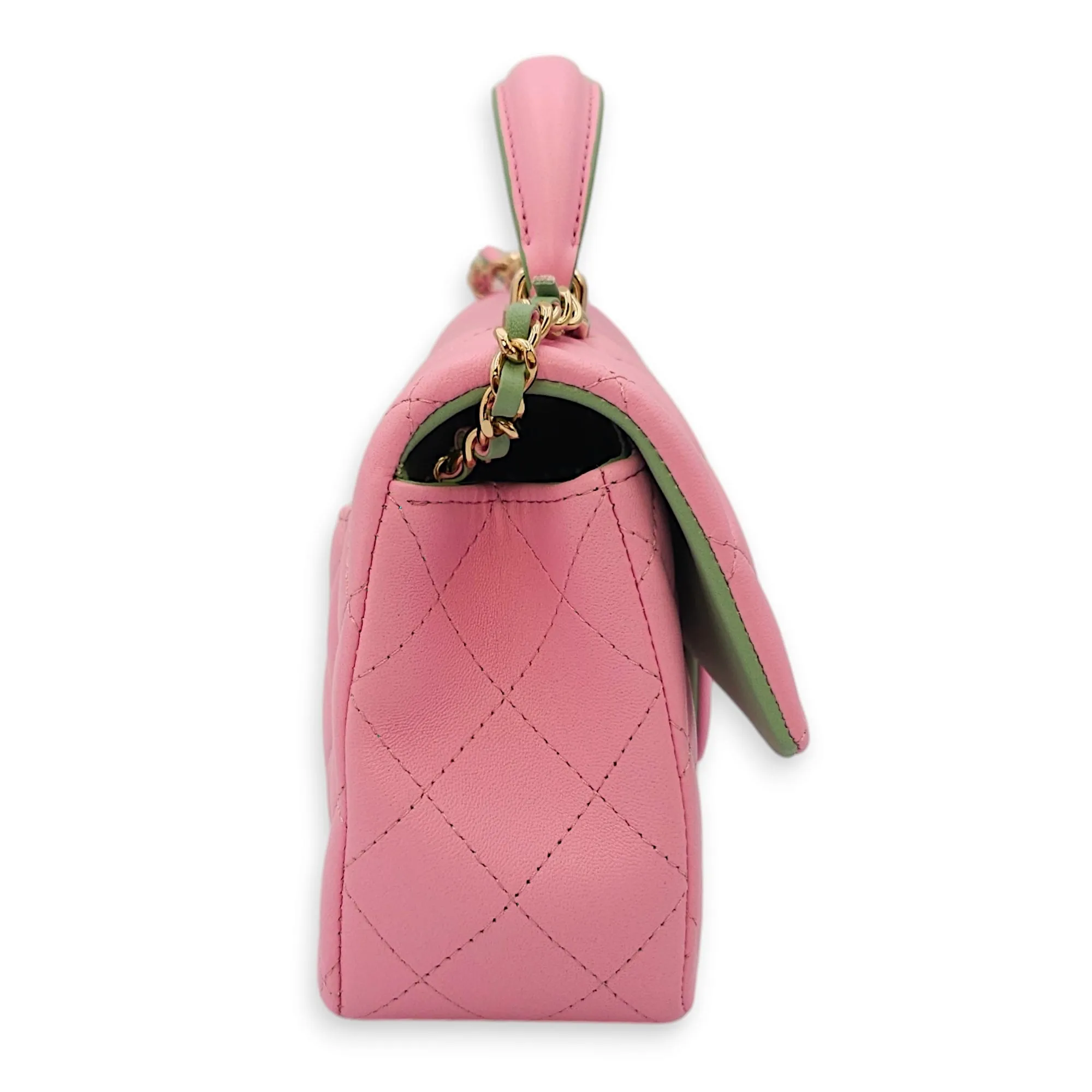 Rectangle Flap Mini Pink/Green Top Handle Bag in Lambskin, Gold hardware