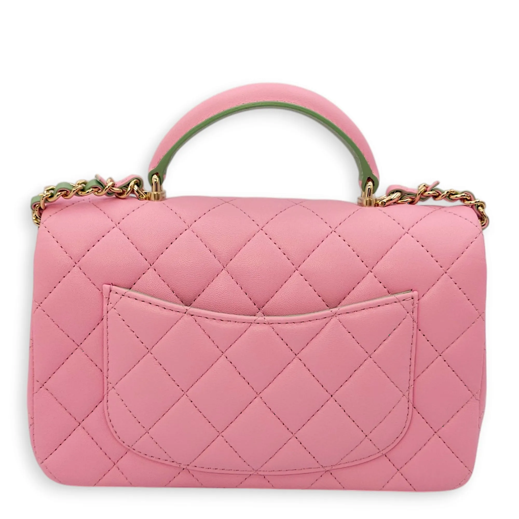 Rectangle Flap Mini Pink/Green Top Handle Bag in Lambskin, Gold hardware