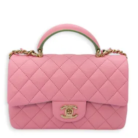 Rectangle Flap Mini Pink/Green Top Handle Bag in Lambskin, Gold hardware