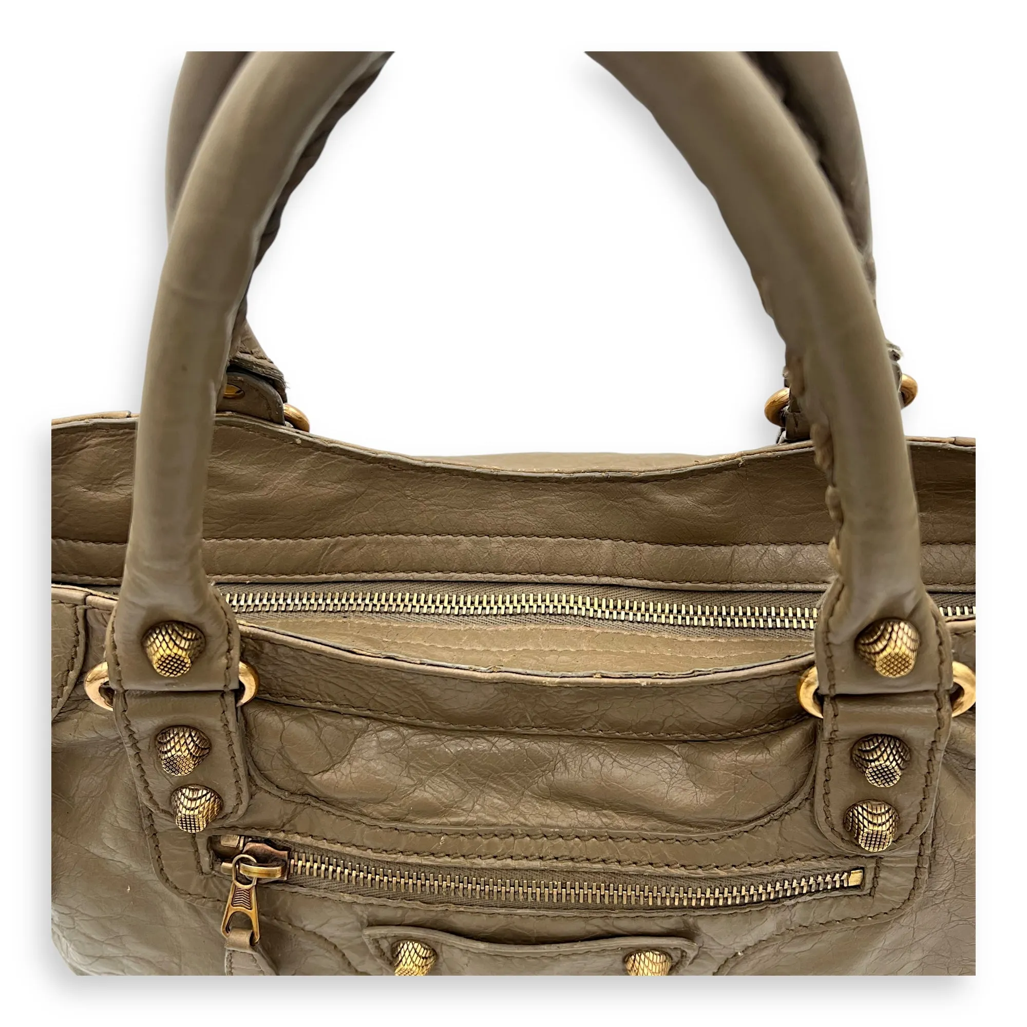 Velo Top Handle Bag Beige in Distressed Leather, Rose Gold hardware