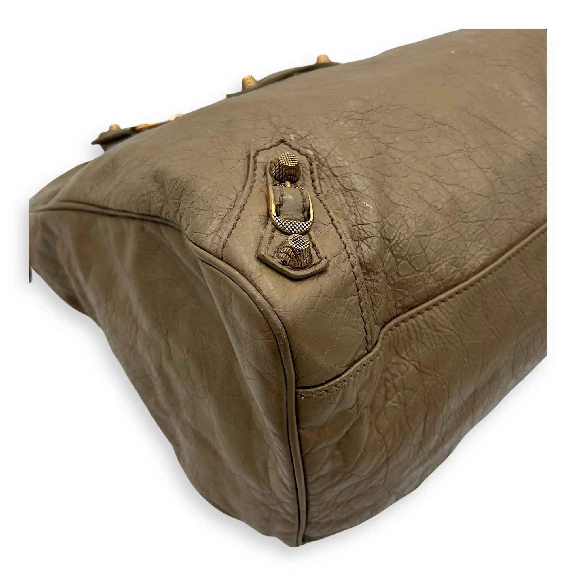Velo Top Handle Bag Beige in Distressed Leather, Rose Gold hardware