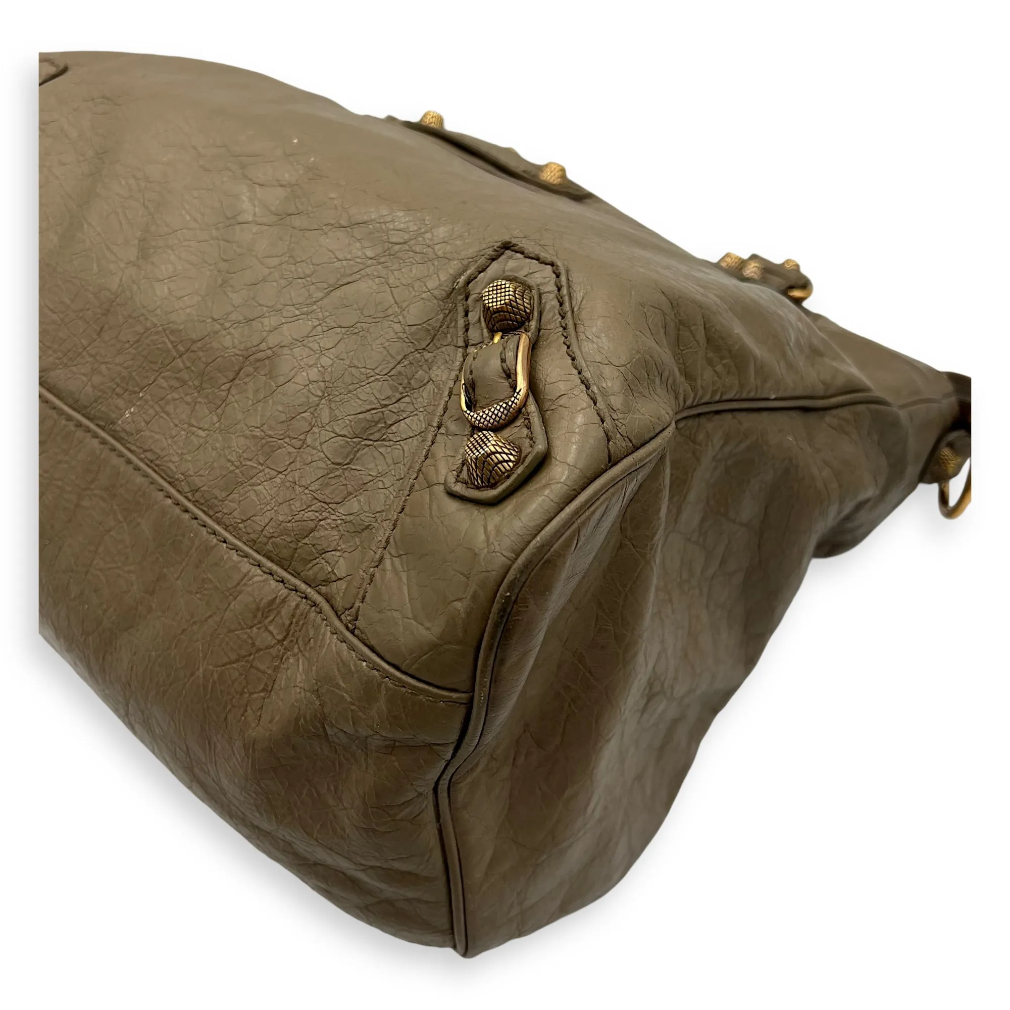 Velo Top Handle Bag Beige in Distressed Leather, Rose Gold hardware
