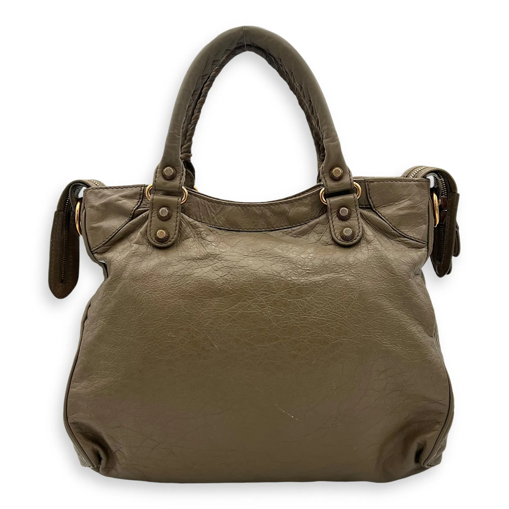 Velo Top Handle Bag Beige in Distressed Leather, Rose Gold hardware