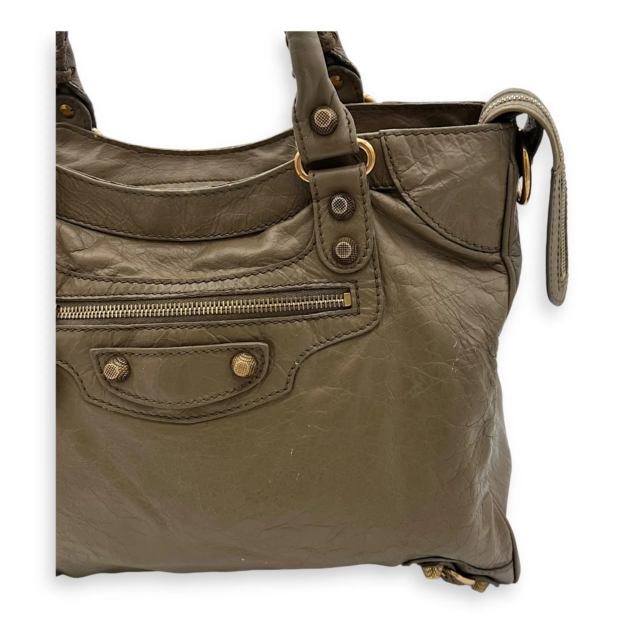 Velo Top Handle Bag Beige in Distressed Leather, Rose Gold hardware