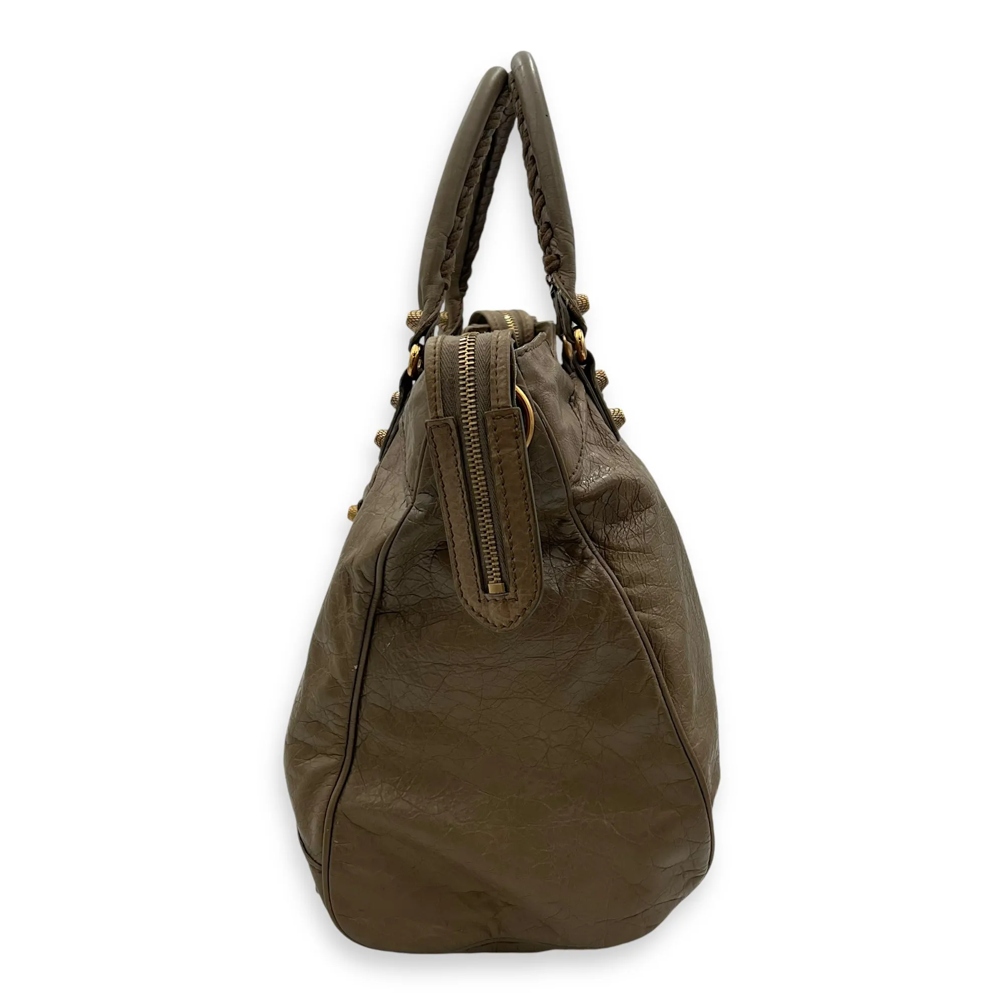 Velo Top Handle Bag Beige in Distressed Leather, Rose Gold hardware