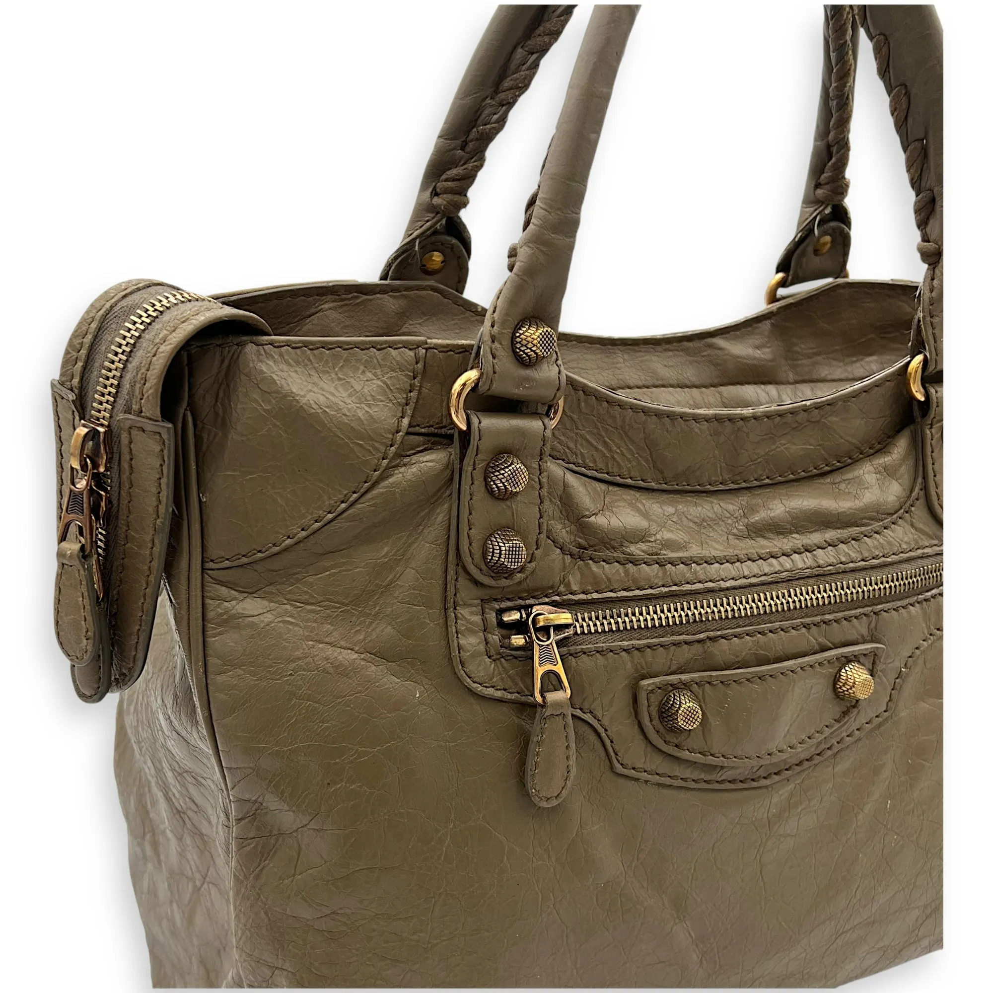Velo Top Handle Bag Beige in Distressed Leather, Rose Gold hardware