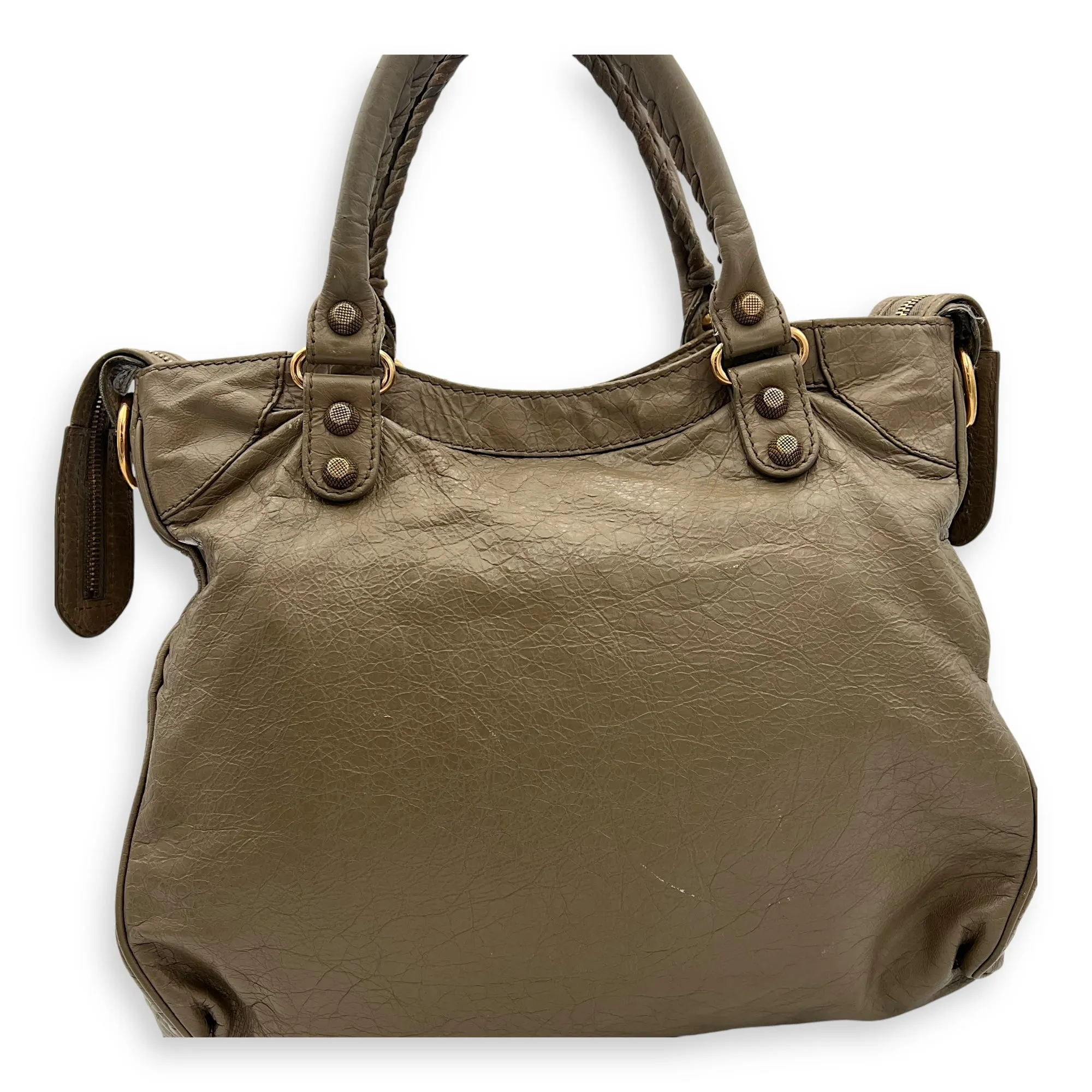 Velo Top Handle Bag Beige in Distressed Leather, Rose Gold hardware