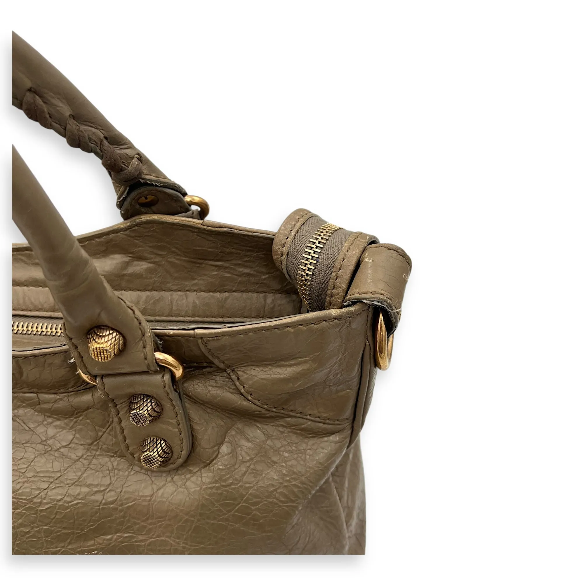 Velo Top Handle Bag Beige in Distressed Leather, Rose Gold hardware