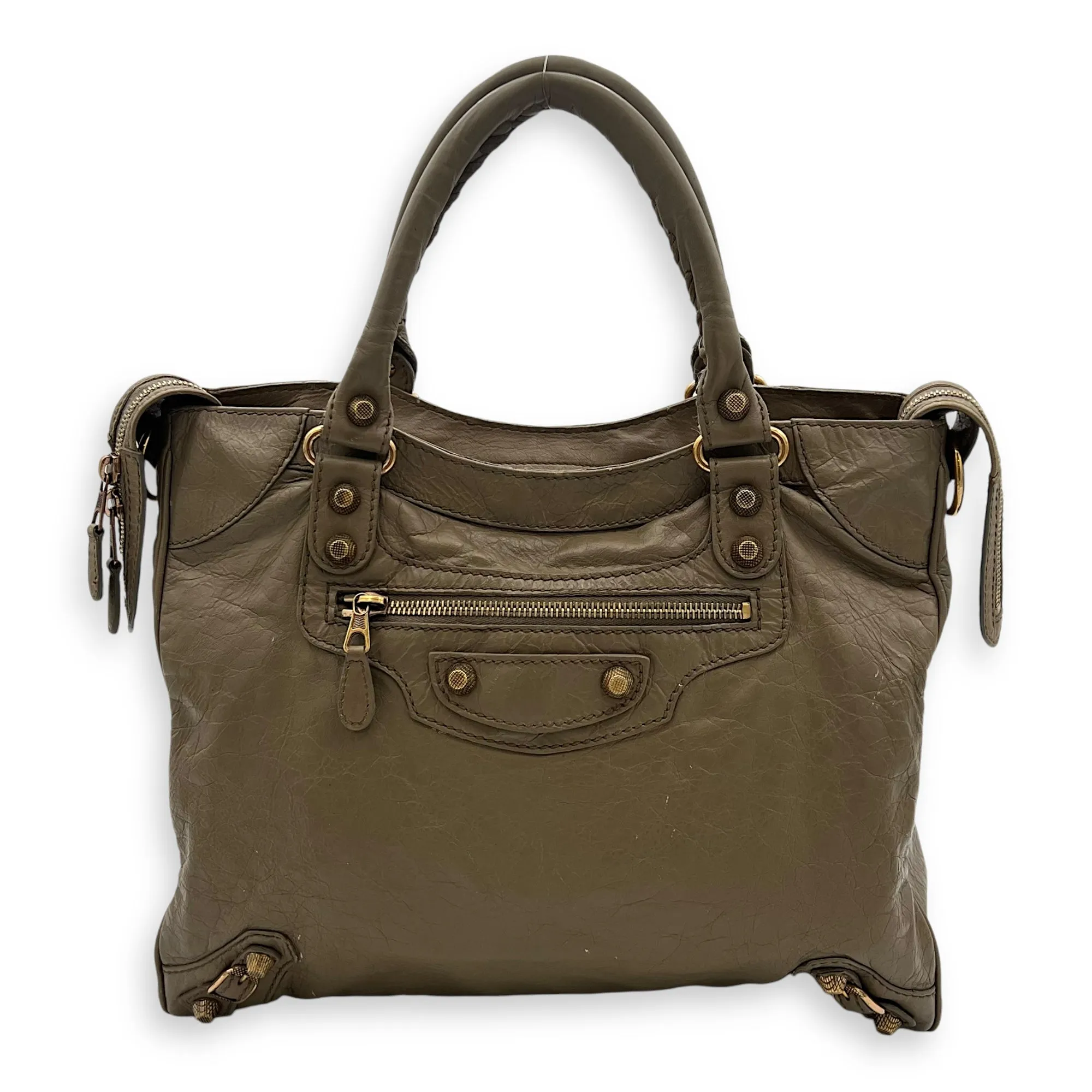 Velo Top Handle Bag Beige in Distressed Leather, Rose Gold hardware