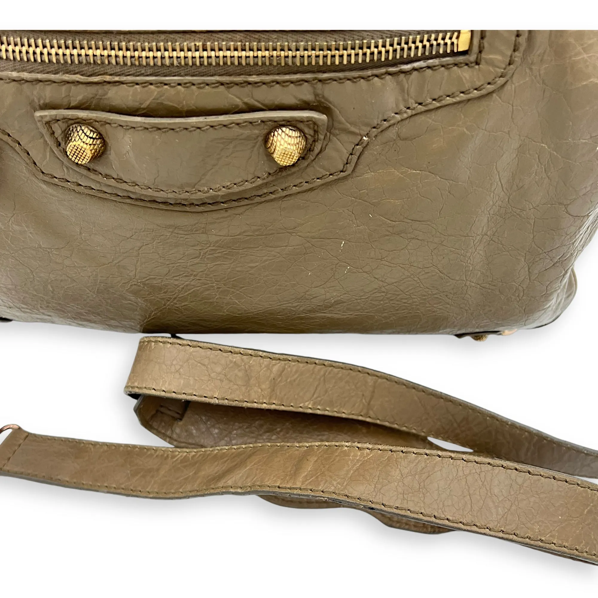Velo Top Handle Bag Beige in Distressed Leather, Rose Gold hardware
