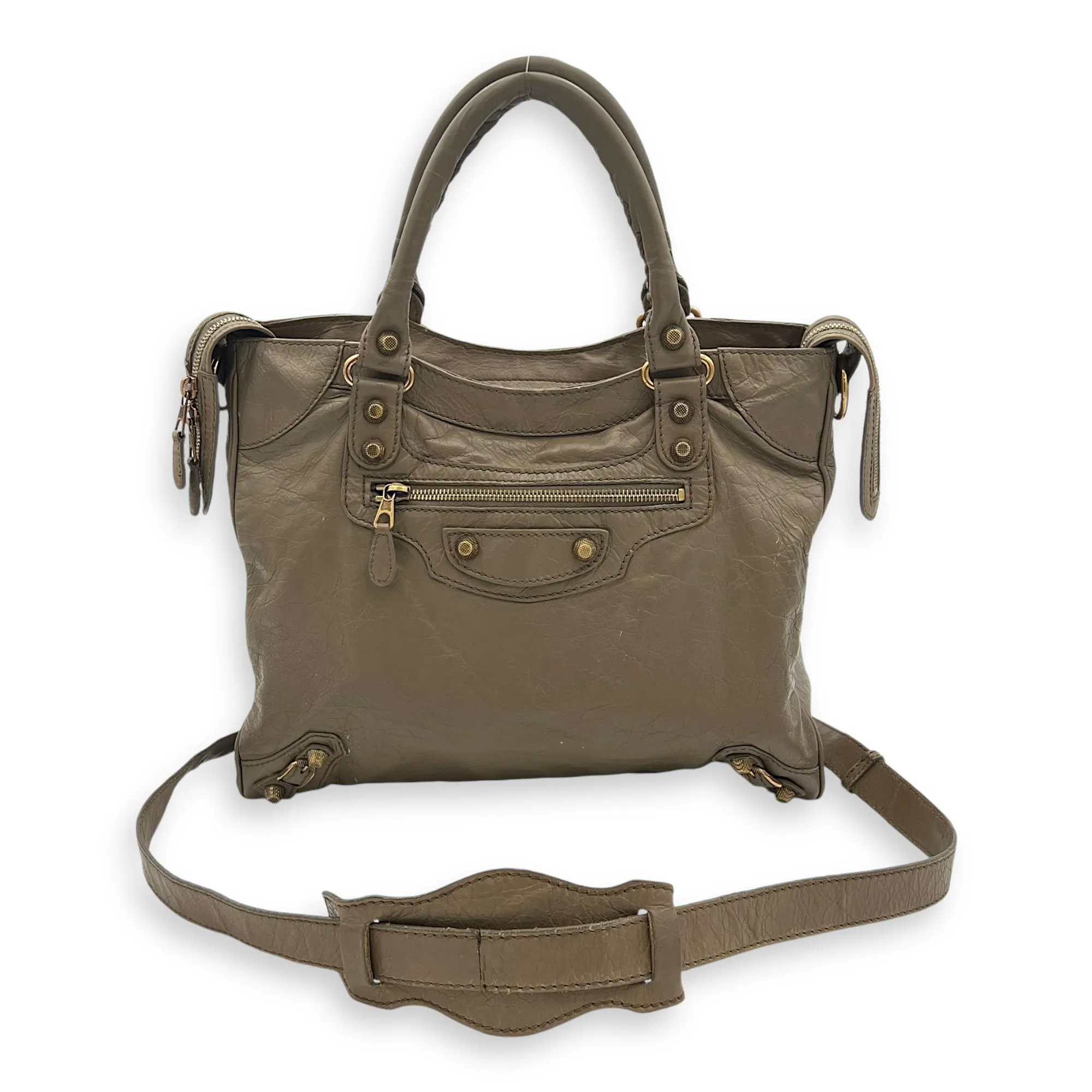 Velo Top Handle Bag Beige in Distressed Leather, Rose Gold hardware