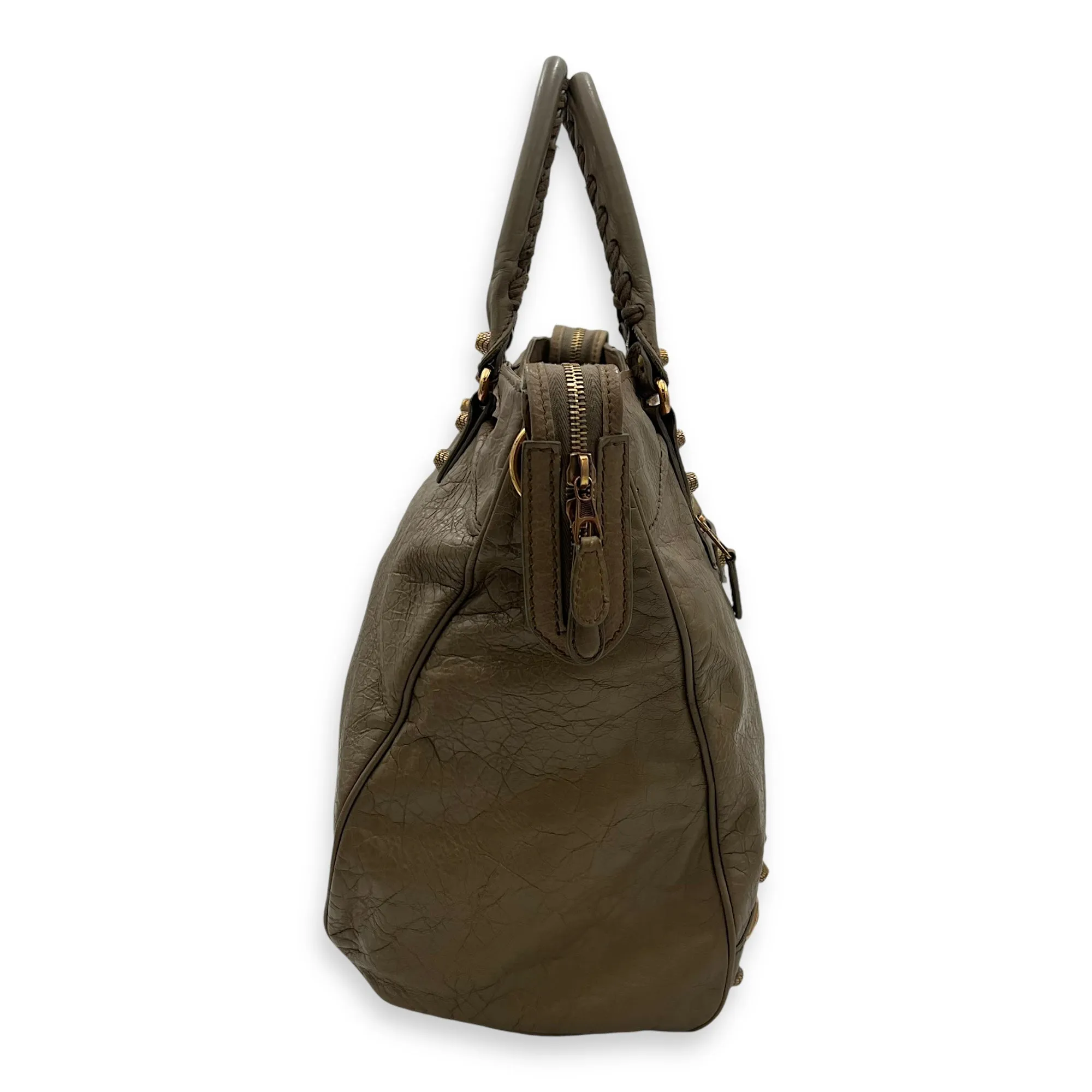 Velo Top Handle Bag Beige in Distressed Leather, Rose Gold hardware
