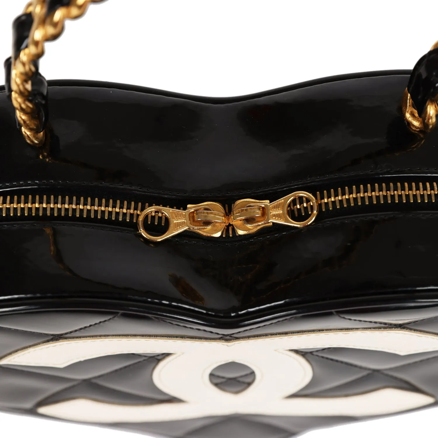 Vintage Chanel Heart Vanity Bag Black and White Patent Antique Gold Hardware