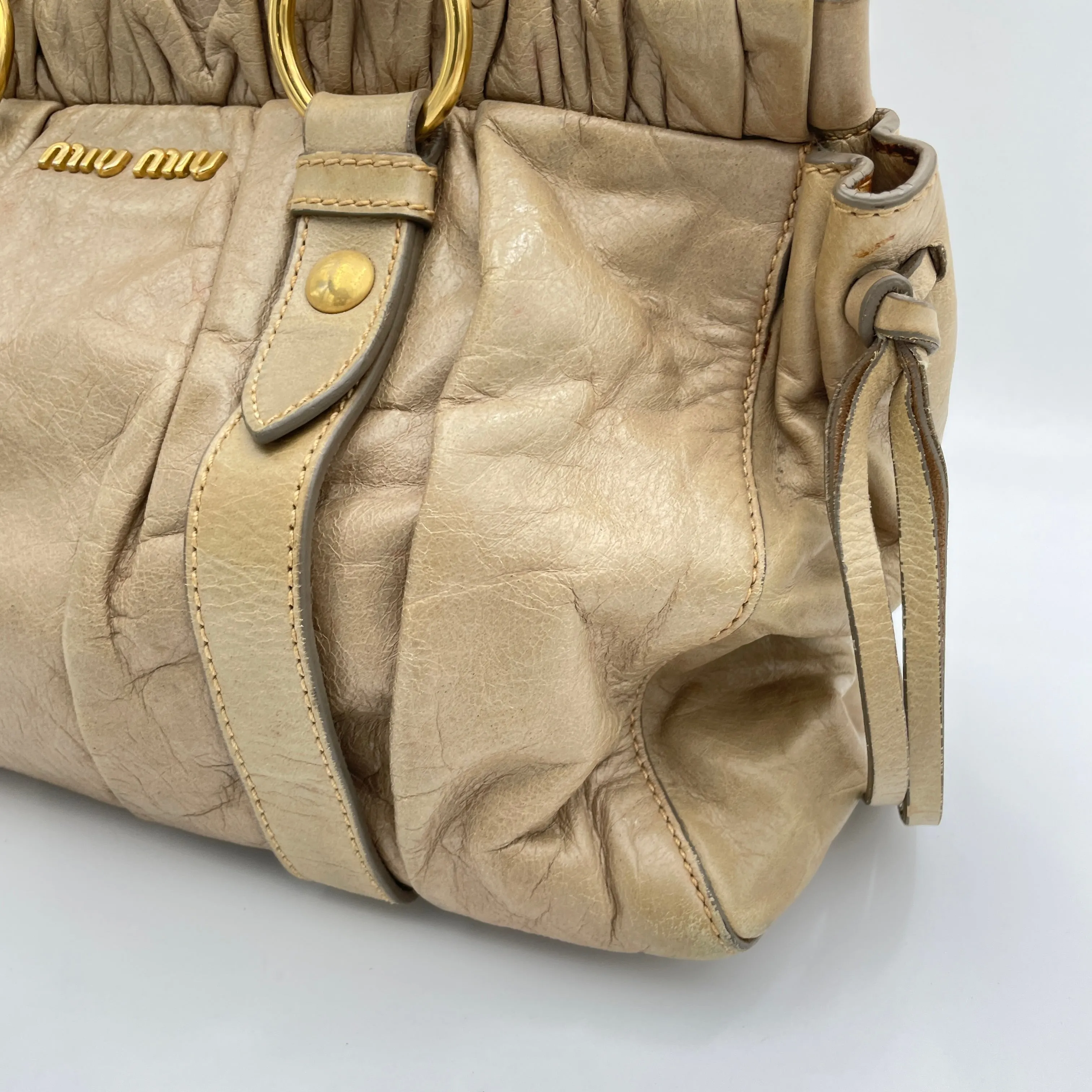 Vitello Lux Beige Top Handle Bag in Goat Leather, Gold hardware