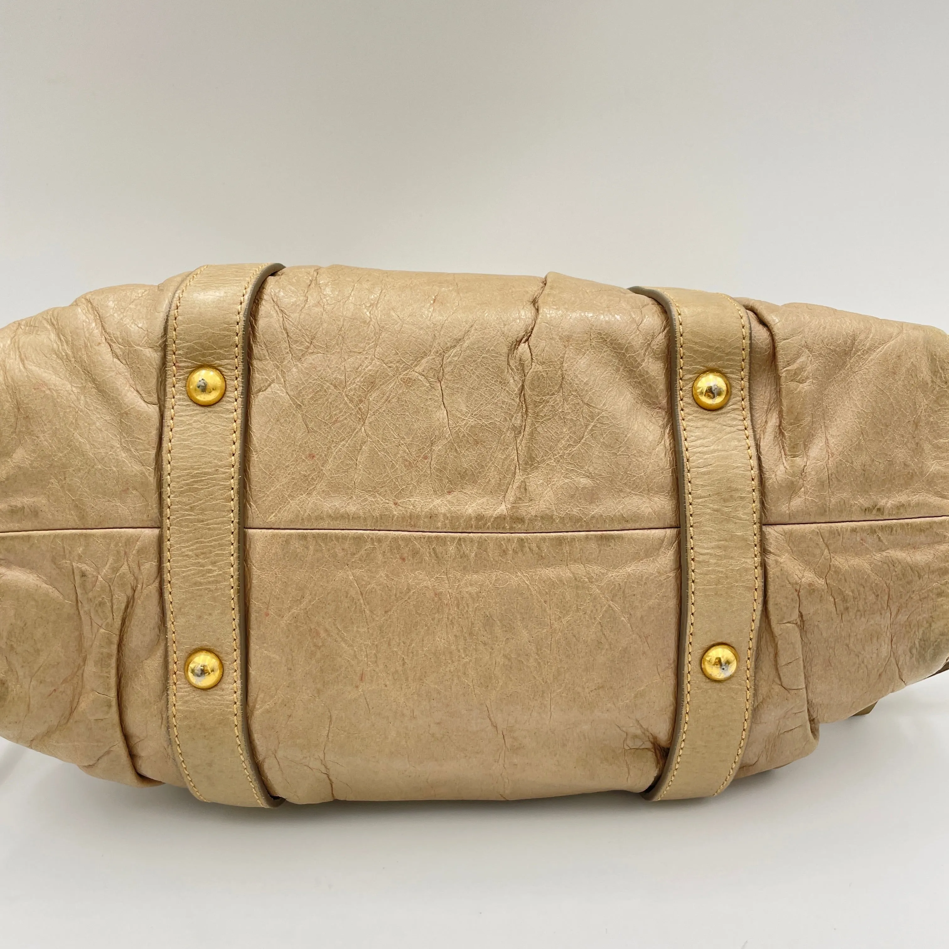 Vitello Lux Beige Top Handle Bag in Goat Leather, Gold hardware